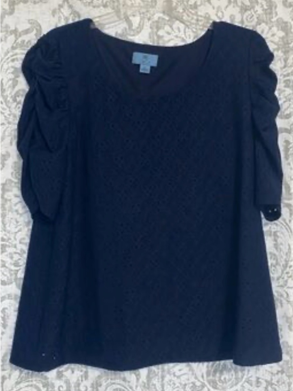 CeCe Dark Navy Eyelet V-Neck Tunic with Ruched Sleeves